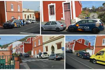 Ambulancia del SUC y coches policiales en La Higuera Canaria el día que se halló el cadáver de la mujer asesinada (Foto TA)